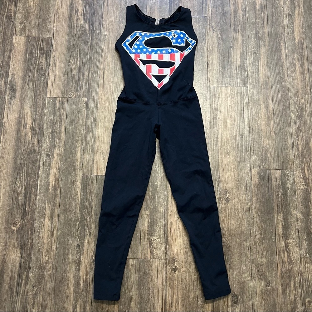DC Comics Black Sleeveless Jumpsuit with American Flag Superman Emblem